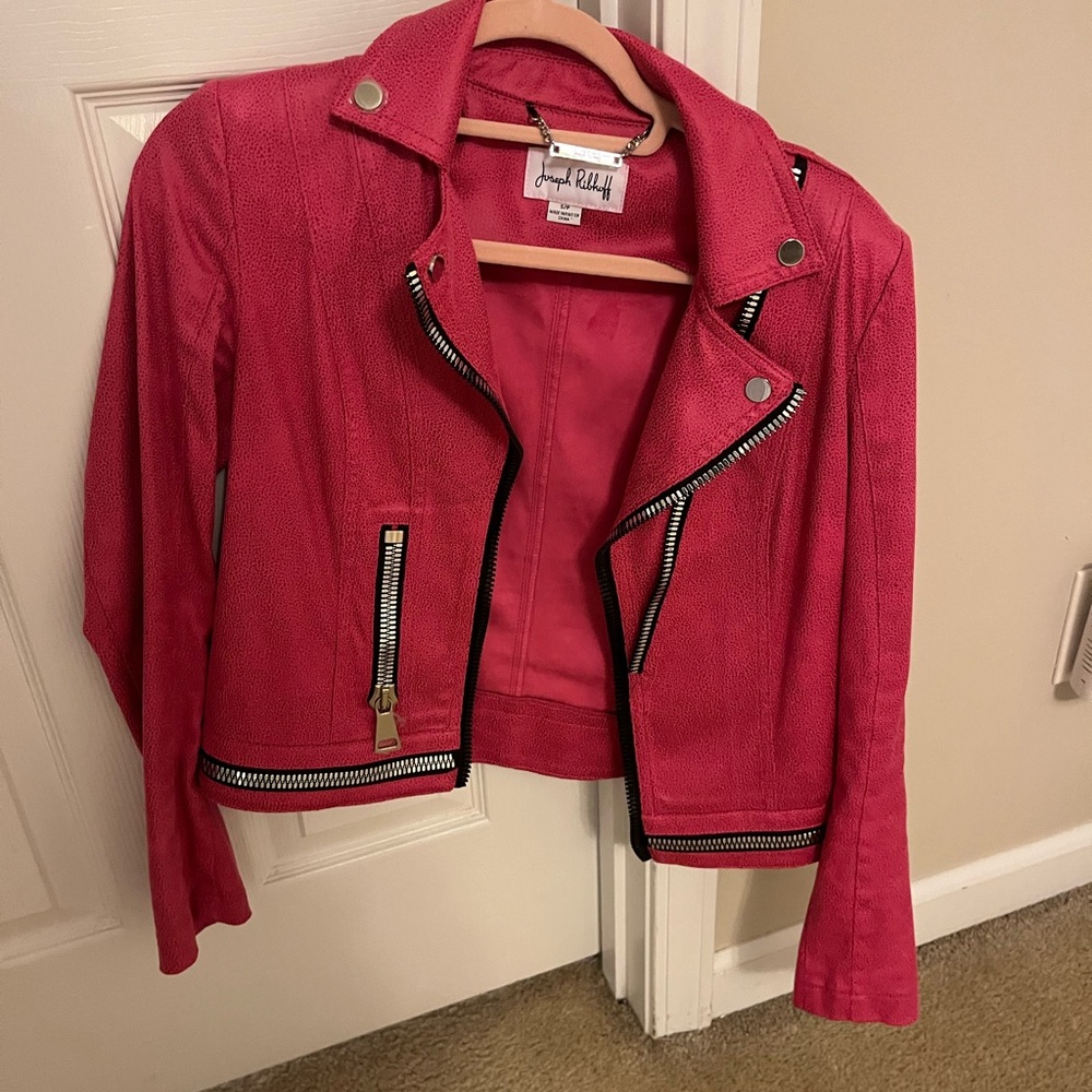 Joseph Ribkoff Fuchsia Leather Jacket with Zipper Accents